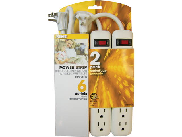 Prime Wire & Cable PB8100X2 6-Outlet Power Strips with 3-Foot Cord, White, 2-Pack