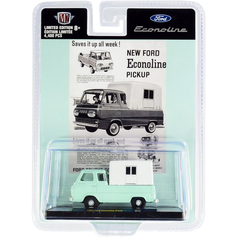 1965 Ford Econoline Pickup Truck with Camper Shell Mint Green and White Ltd Ed to 4400 pcs 1/64 Diecast Model Car by M2 Machines