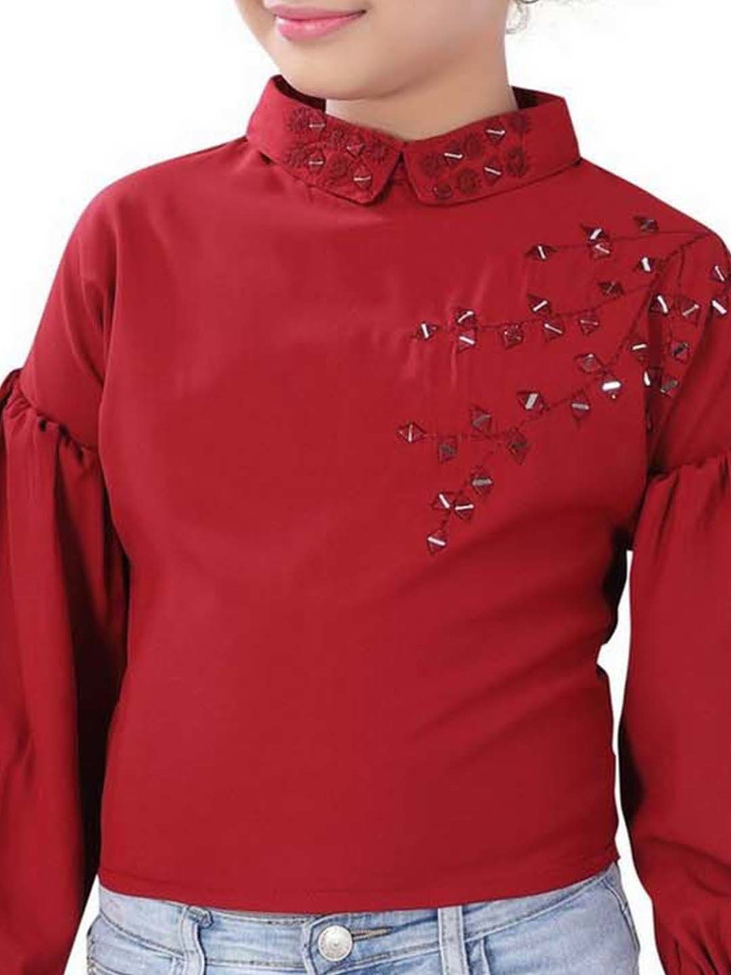 poplins Kids Maroon Cotton Embellished Full Sleeves Top