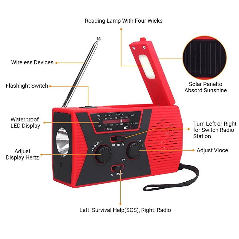 SOS 2000mAh Emergency Solar Hand Crank Portable Radio,NOAA Weather Radio for Household and Emergency with AM/FM,LED Flashlight,Reading Lamp,USB Charger,Battery Indicator (Red 1)