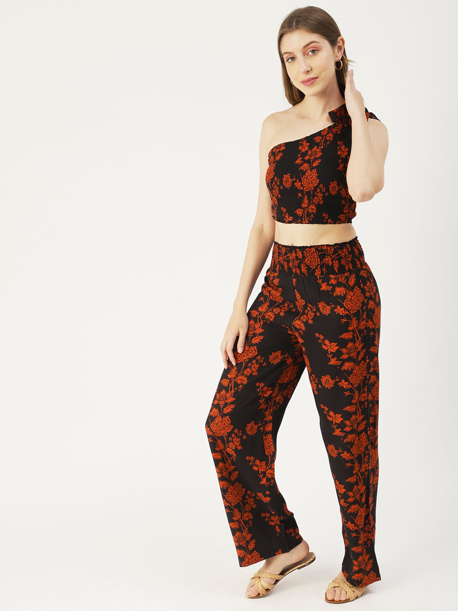 Moomaya Black & Orange Floral Print Crop Top With Palazzos