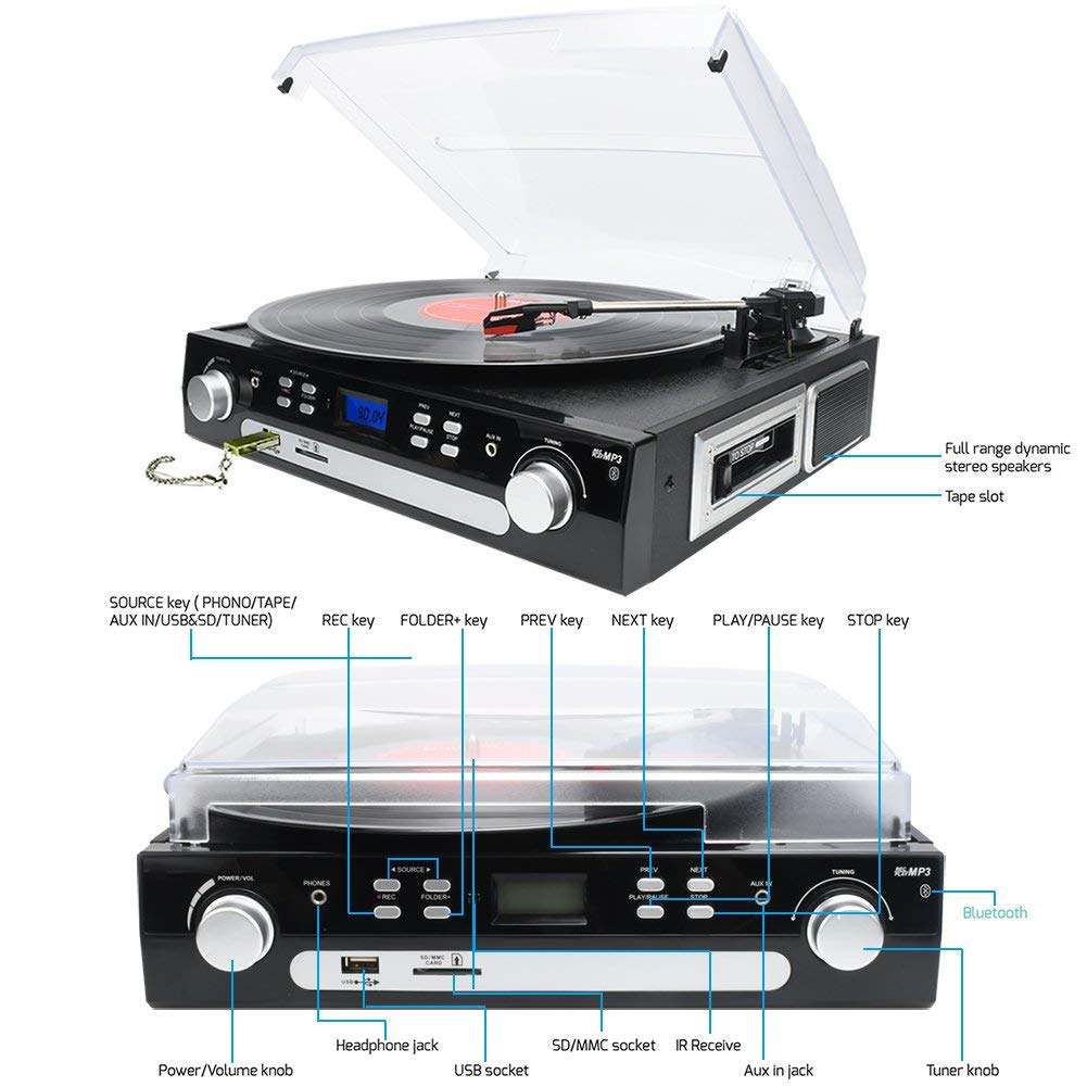 DIGITNOW Bluetooth Record Player with Stereo Speakers, Turntable for Vinyl to MP3 with Cassette Play, AM/FM Radio, Remote Control, USB/SD Encoding, 3.5mm Music Output Jack