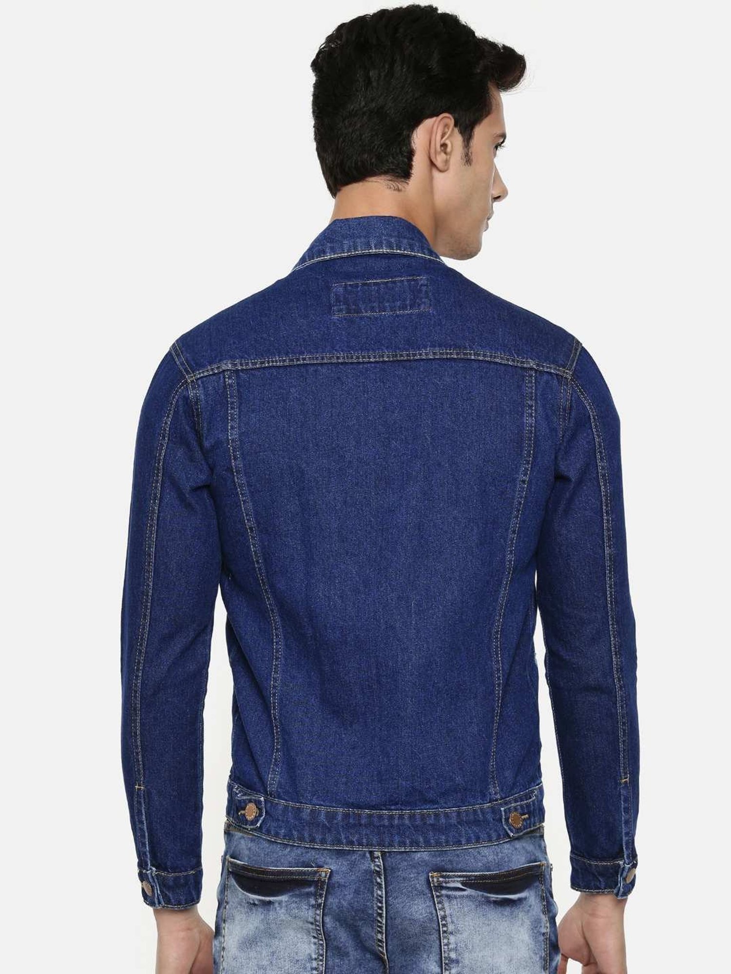 CINOCCI Blue Cotton Slim Fit Distressed Denim Jacket