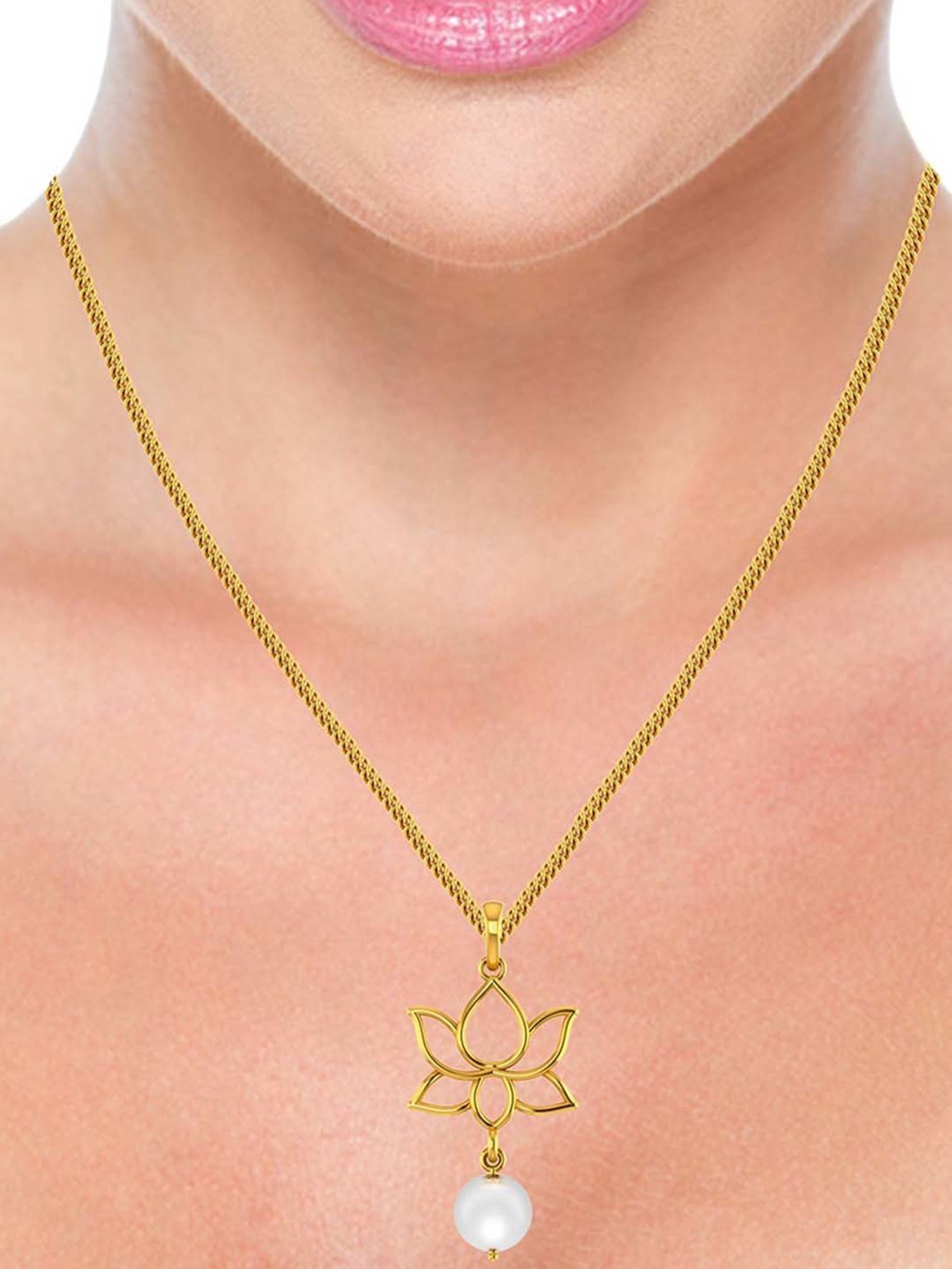 P.C. Chandra Jewellers 22k Yellow Gold Pendant with Lotus Design & A Hanging Pearl for Women & Girls