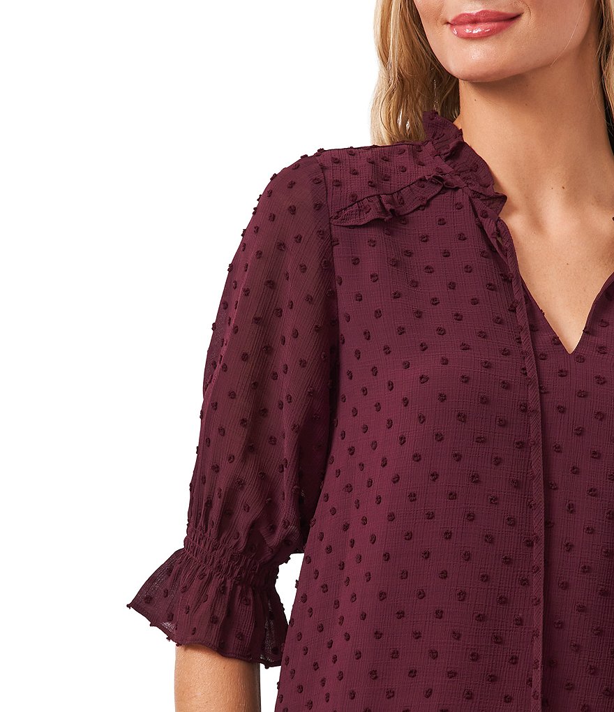 CeCe Split Neck Elbow Sleeve Clip Dot Chiffon Blouse