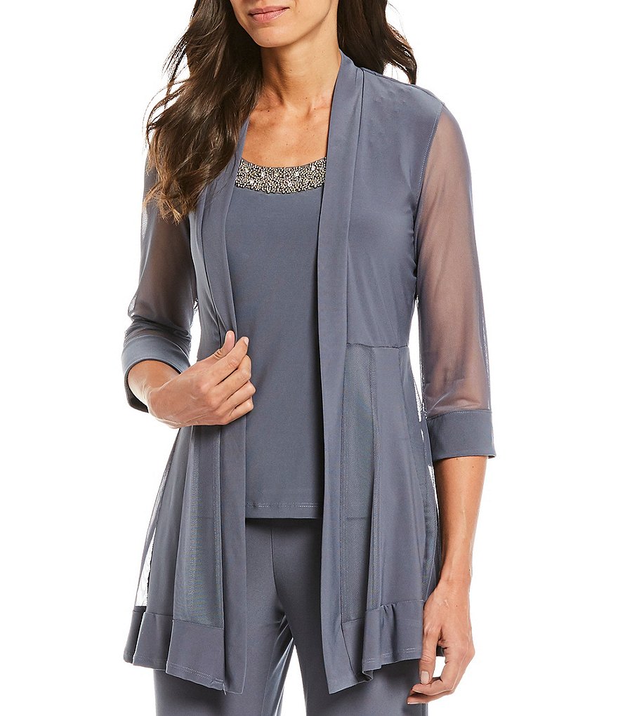 R&M Richards Mock 3-Piece Stretch Beaded-Neck Pant Set