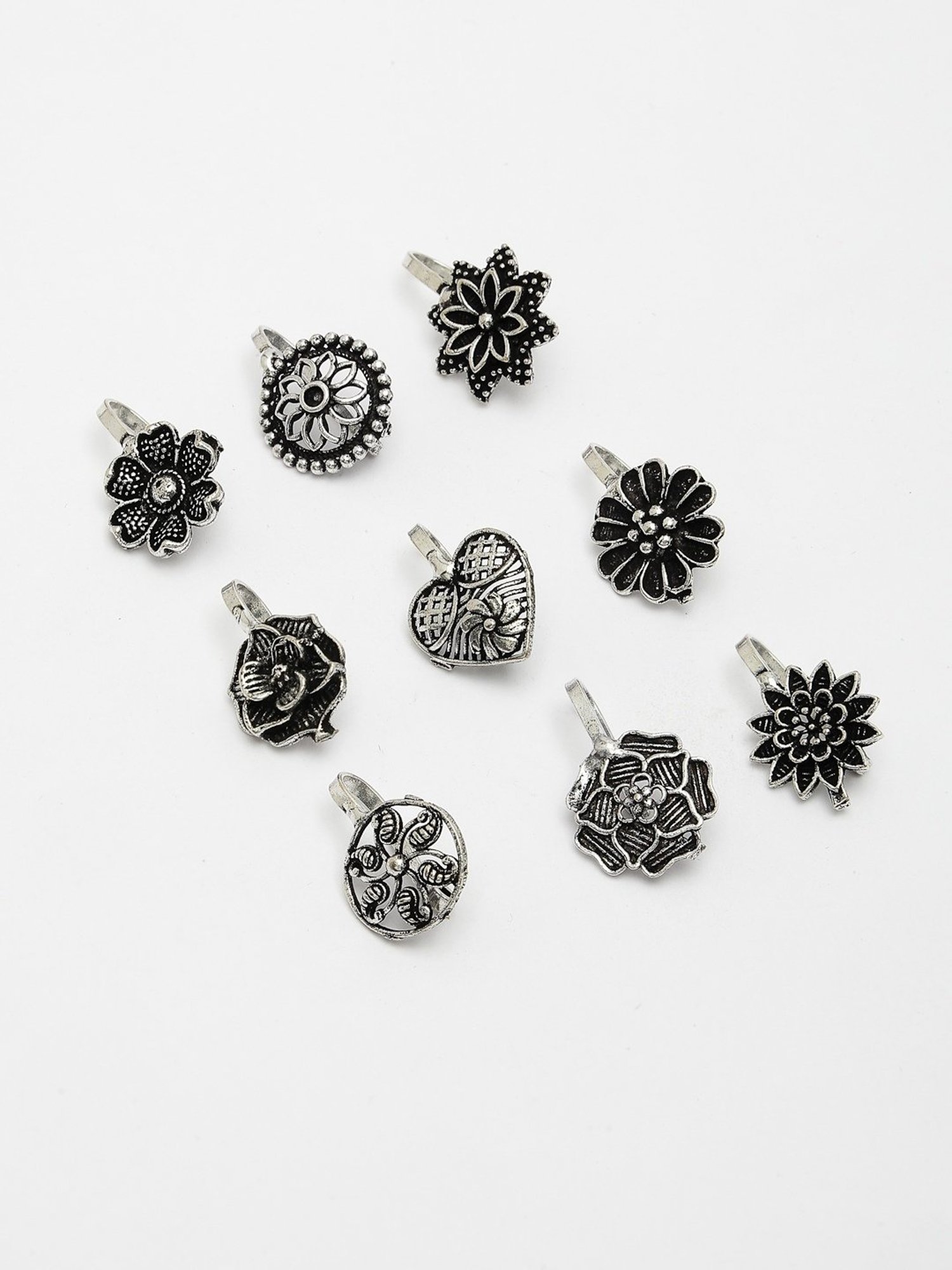 NVR Women Silver-Plated Nose Pins - Set of 9