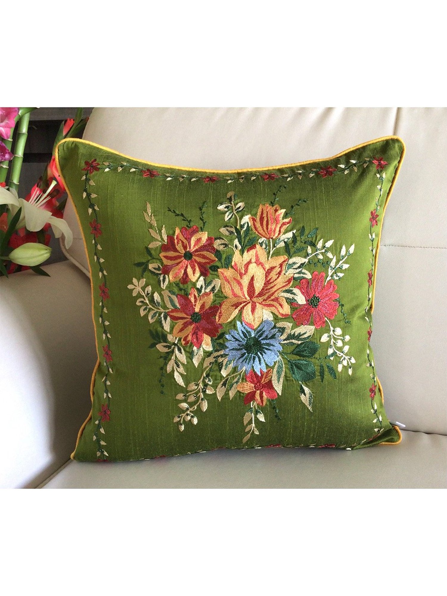TARA Sparkling Homes Gardens of Florence Green Cotton Silk Embroidery Cushion Cover