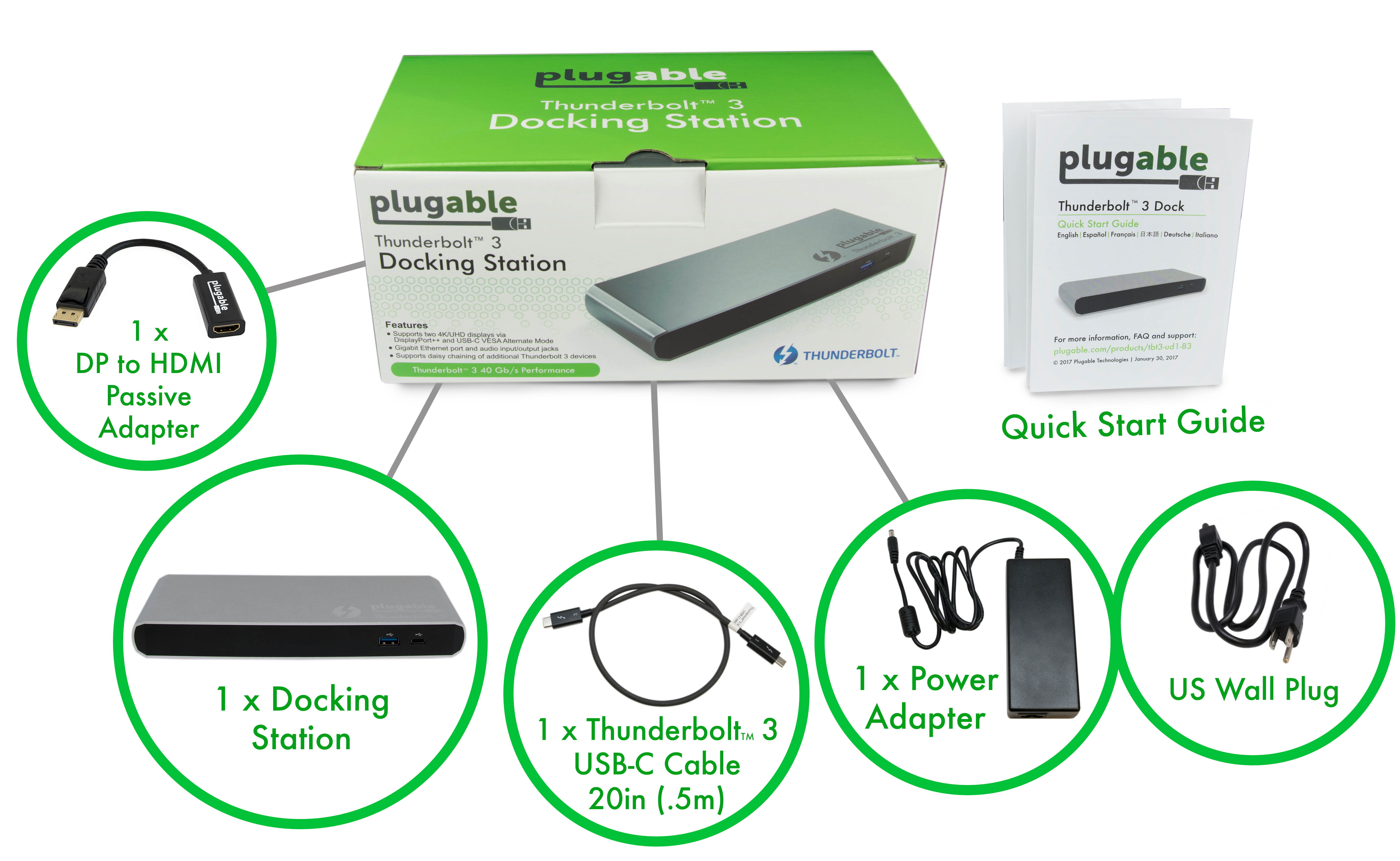 Plugable Thunderbolt 3 Dock, Enables Extra Displays, Wired Network, Audio, and More USB Ports, Compatible with Thunderbolt 3 Macs and PCs (4K DisplayPort or HDMI Display, No Host Charging)