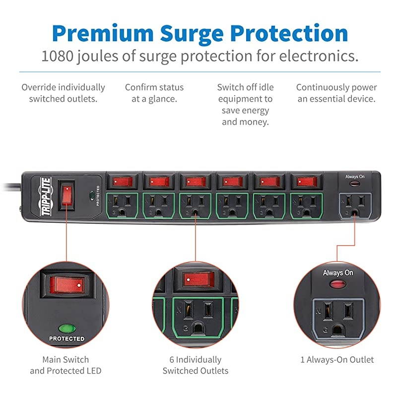 Lite 7 Outlet 6 Individually Controlled Surge Protector Power Strip 6ft Cord Black Lifetime Limited Warranty amp $25K INSURANCE TLP76MSGB