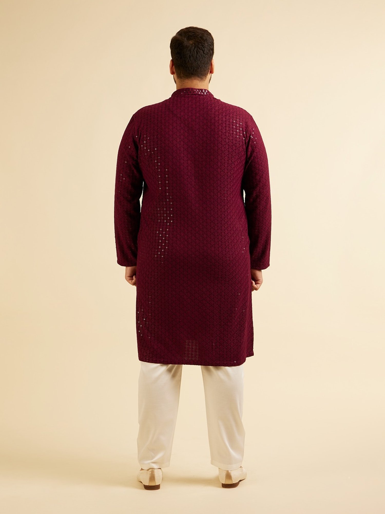 Manyavar Maroon Regular Fit Embroidered Plus Size Kurta and Pyjama Set