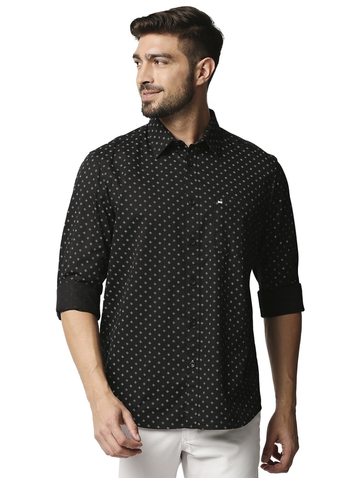 Basics Black Cotton Slim Fit Printed Shirt