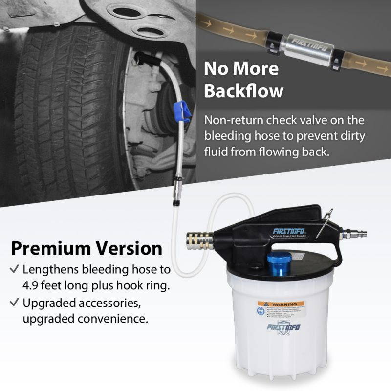 FIRSTINFO Upgraded 2 Liter Air Vacuum Brake Fluid Bleeder Pump Extractor w/ Refilling Bottle Kit Includes 4.9 ft Long Silicon Bleeding Hose w/Non-Return Check Valve + Oil Stopper Valve