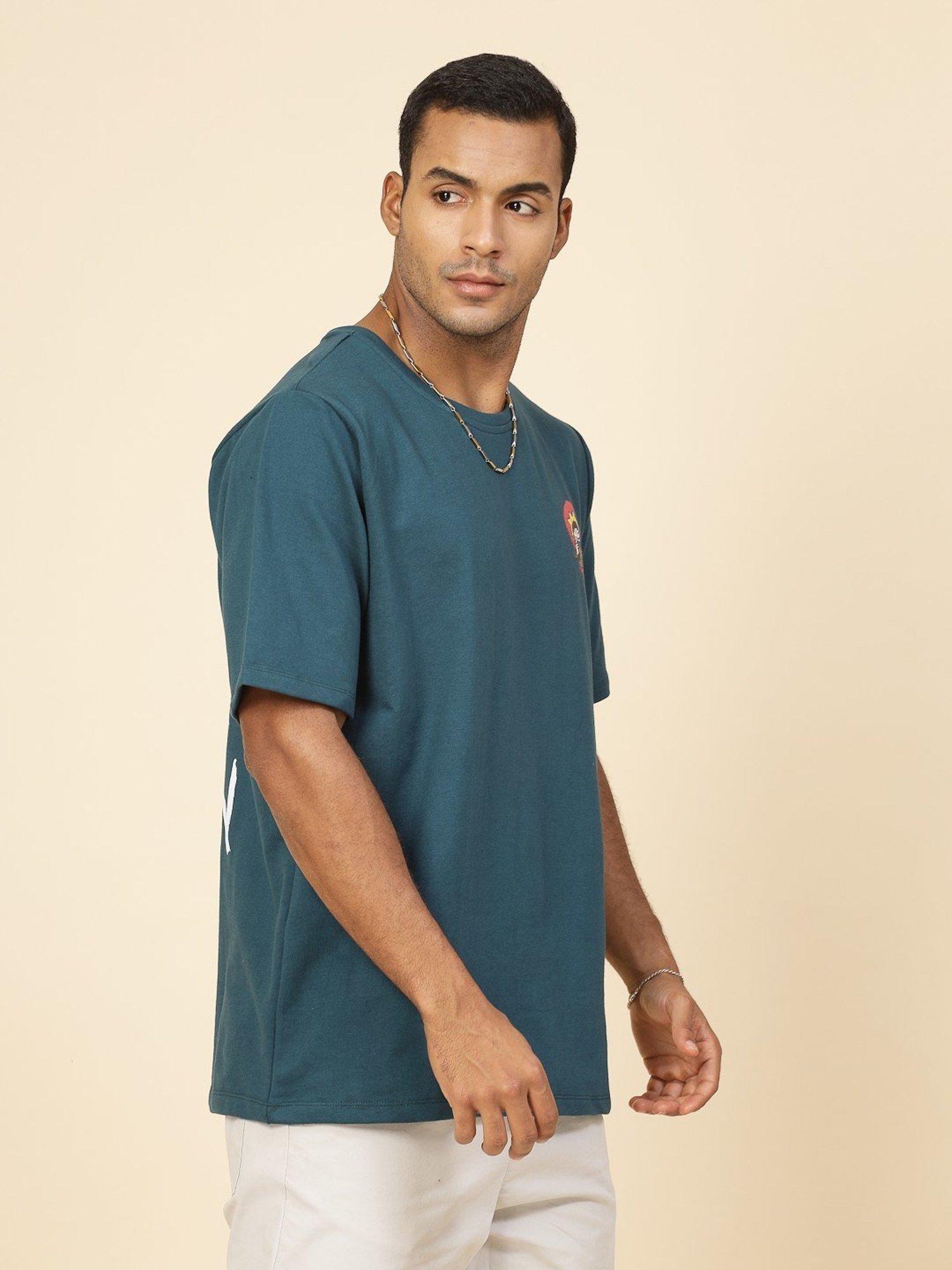 Rigo Teal Cotton Loose Fit Typography T-Shirt