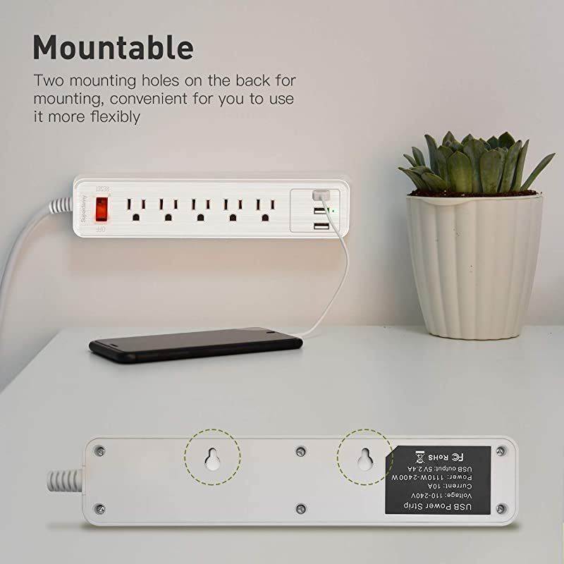 Mountable Surge Protector Power Strip with USB 5 Outlets 3 USB Ports Extension Cord with A Hook & Loop Fastener, for iPhone iPad Tablet PC Home Office Travel White