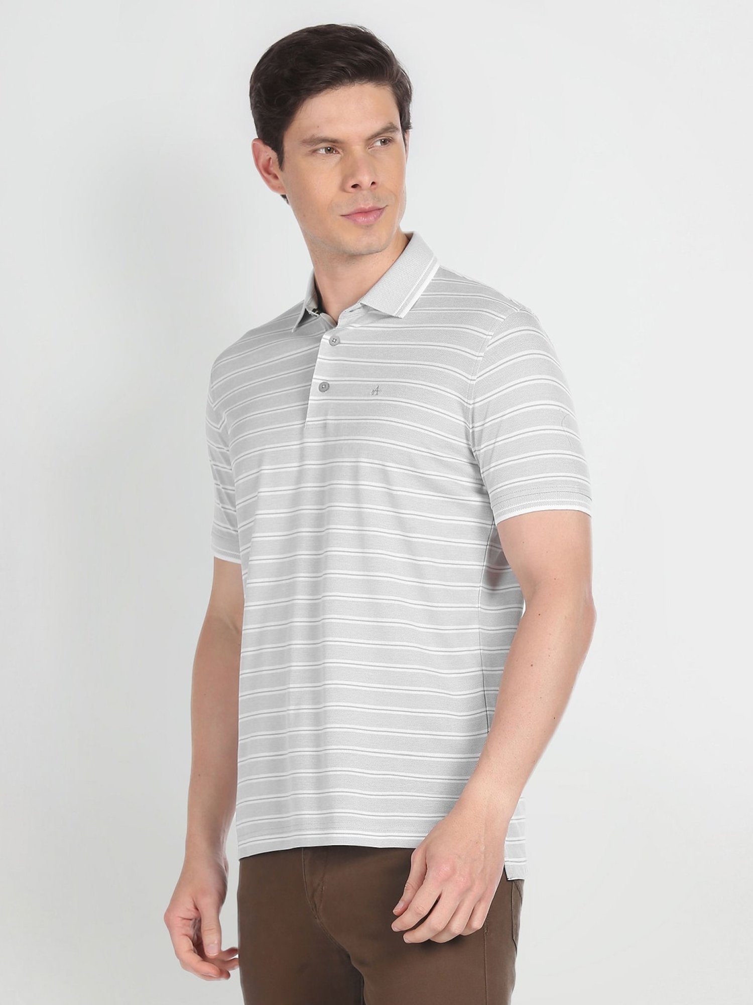 Arrow Grey Cotton Regular Fit Striped Polo T-Shirt
