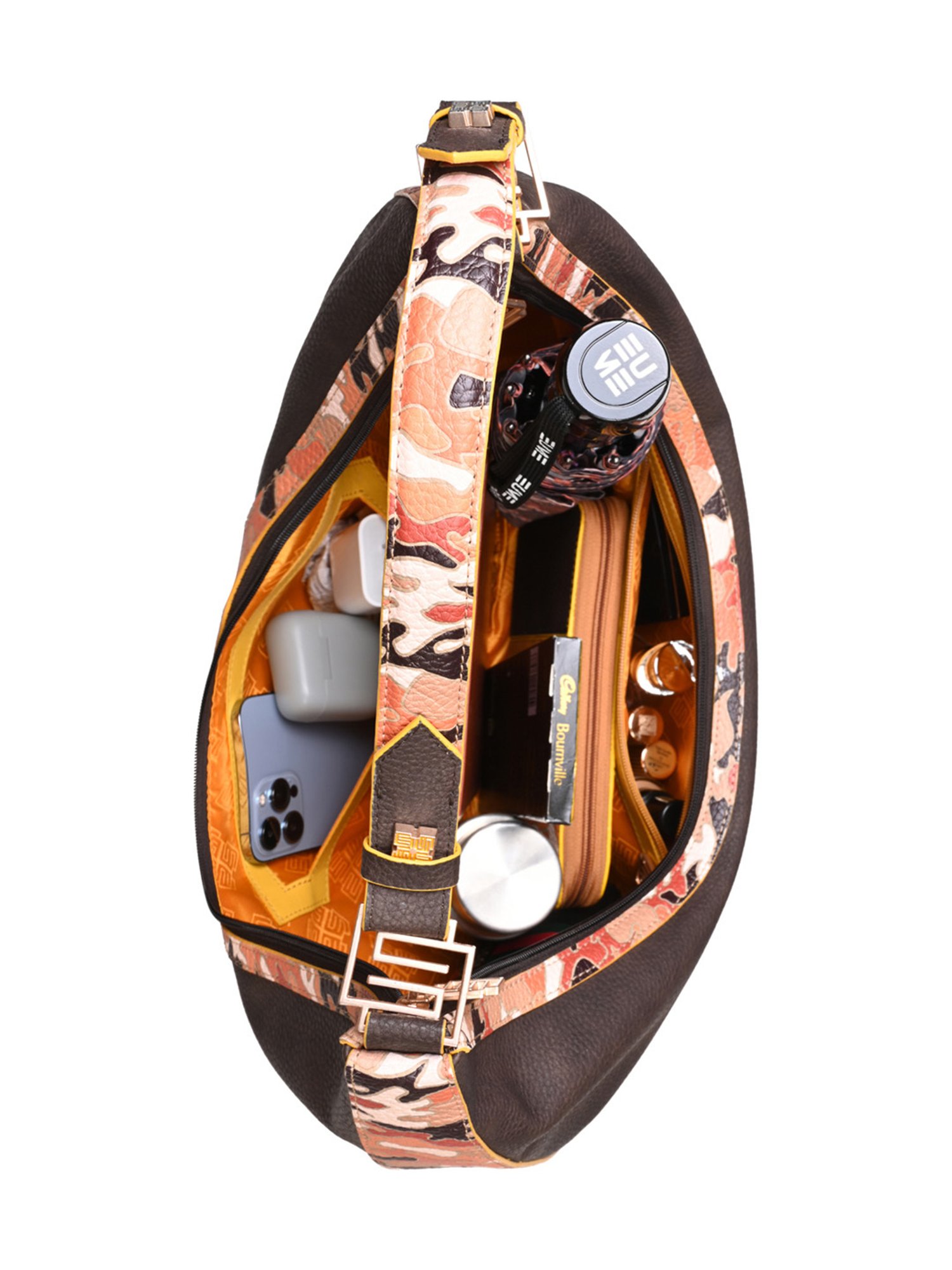 Eume Cinnamon Choco Brown Camo Vegan Leather Hobo Shoulder Bag