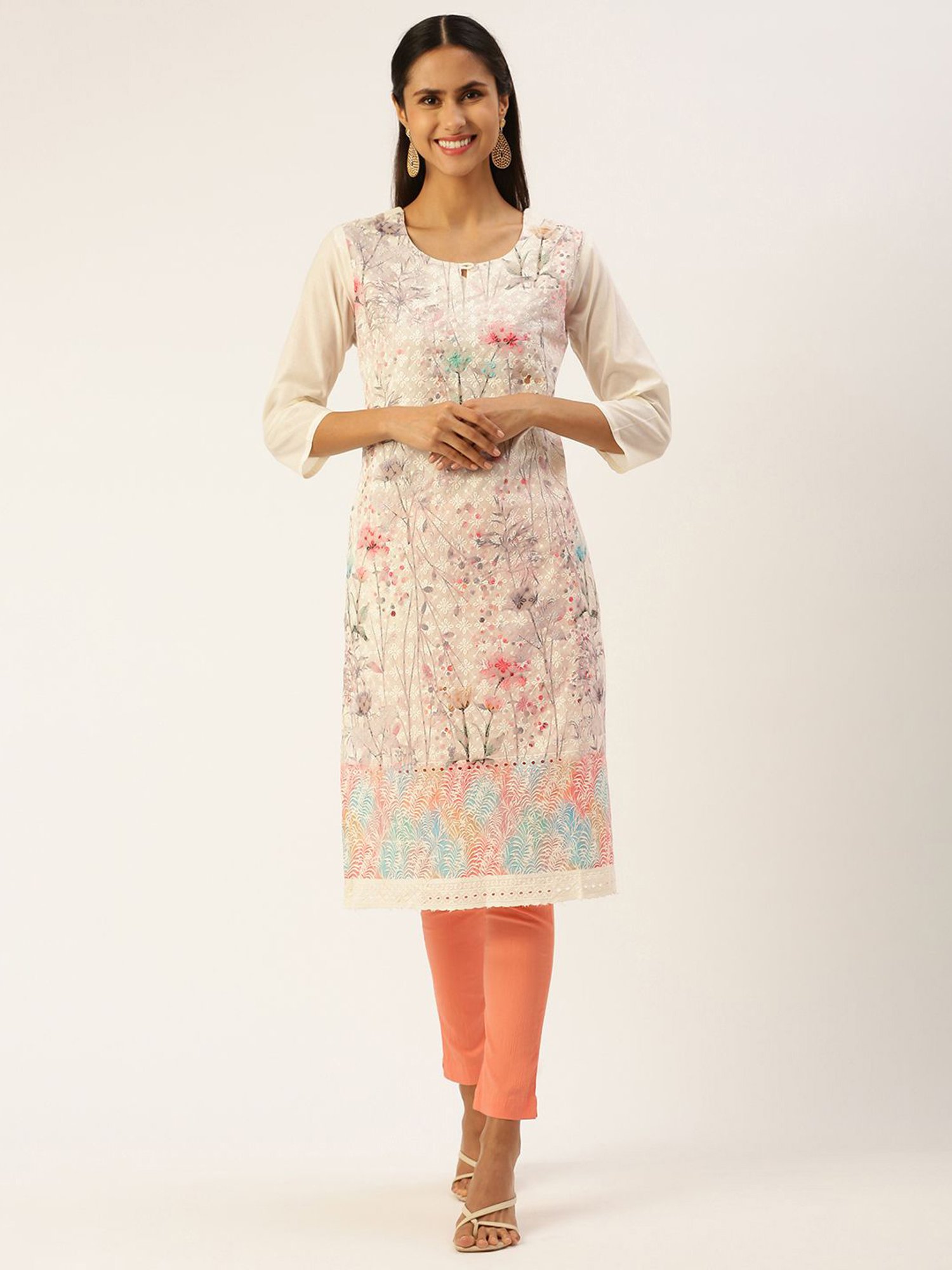 SHANVIKA Cream Embroidered Cotton Straight Kurta