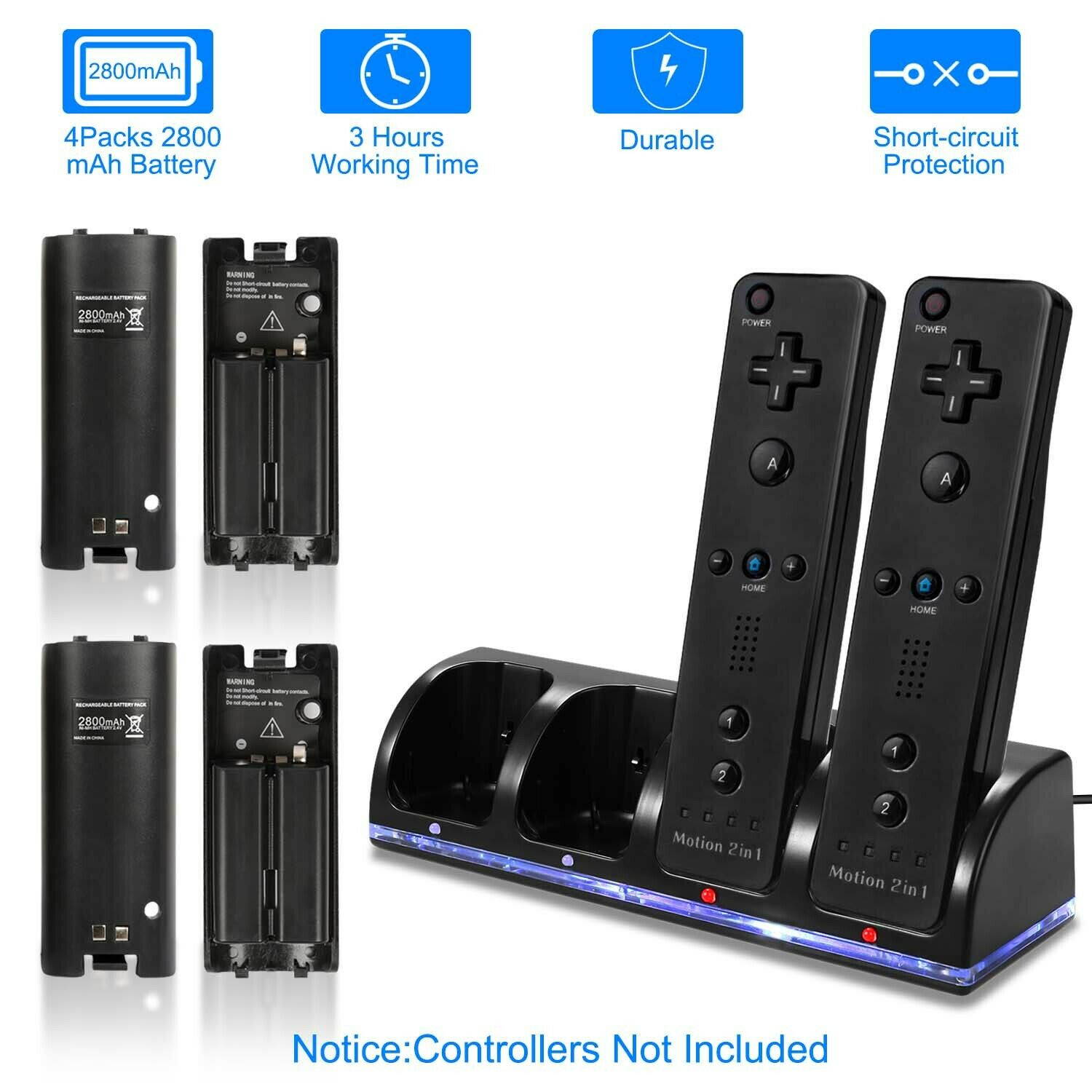 Charger Charging Dock Station+4x 2800mAh Battery For Wii/Wii U Remote Controller