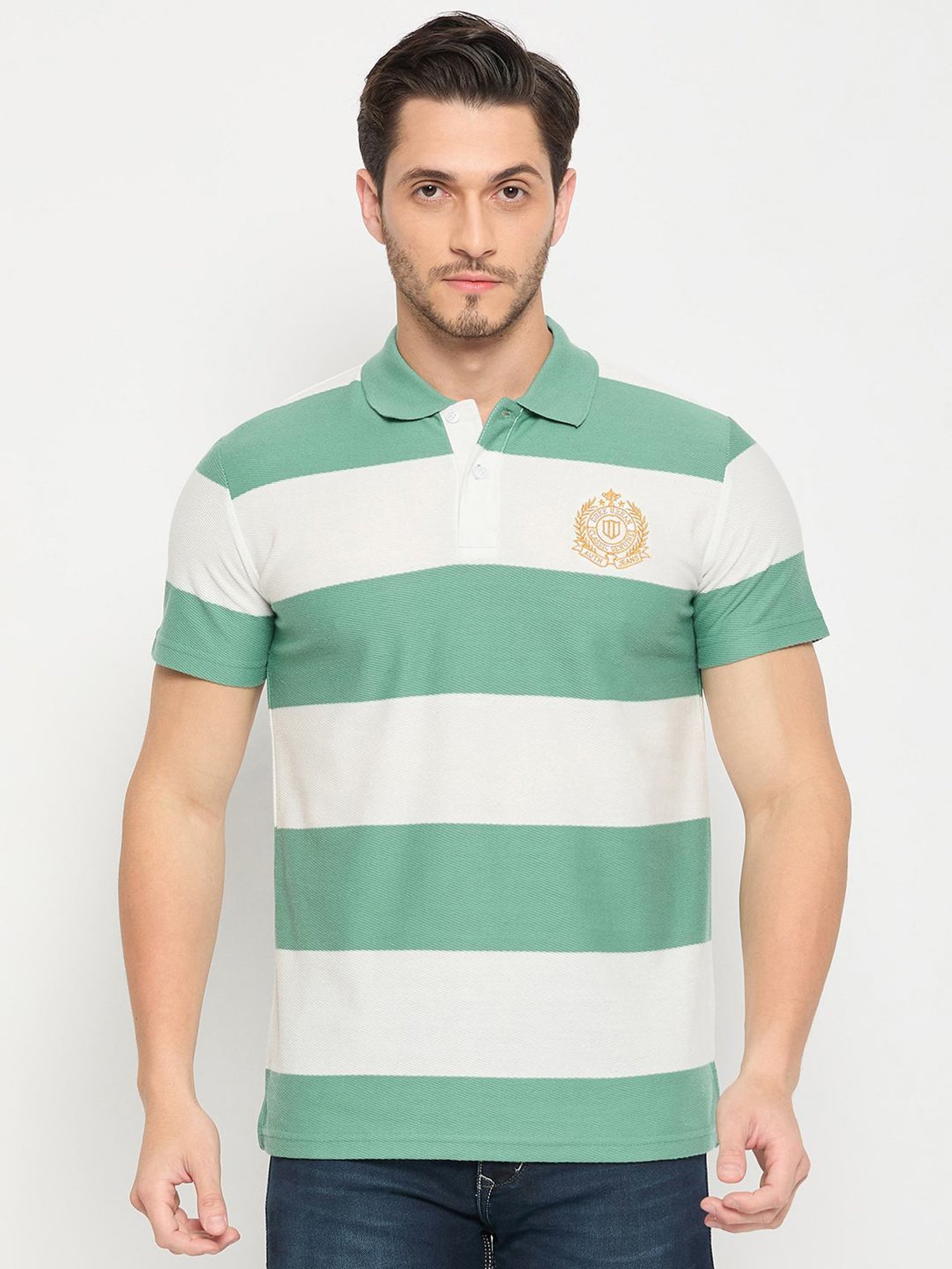 Duke Green & White Slim Fit Striped Polo T-Shirt