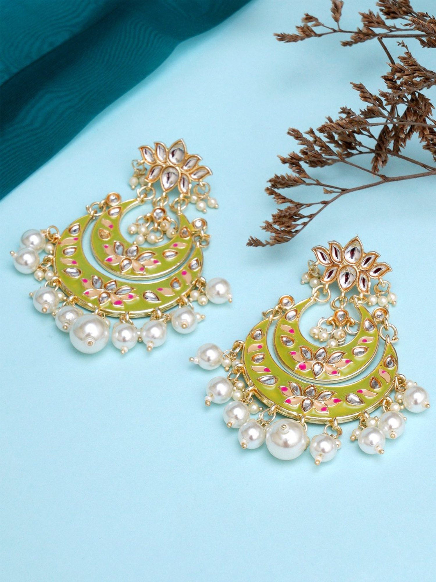 Karatcart Gold-Plated Light Green Meena Lotus Design Pearl Chand Bali Earrings