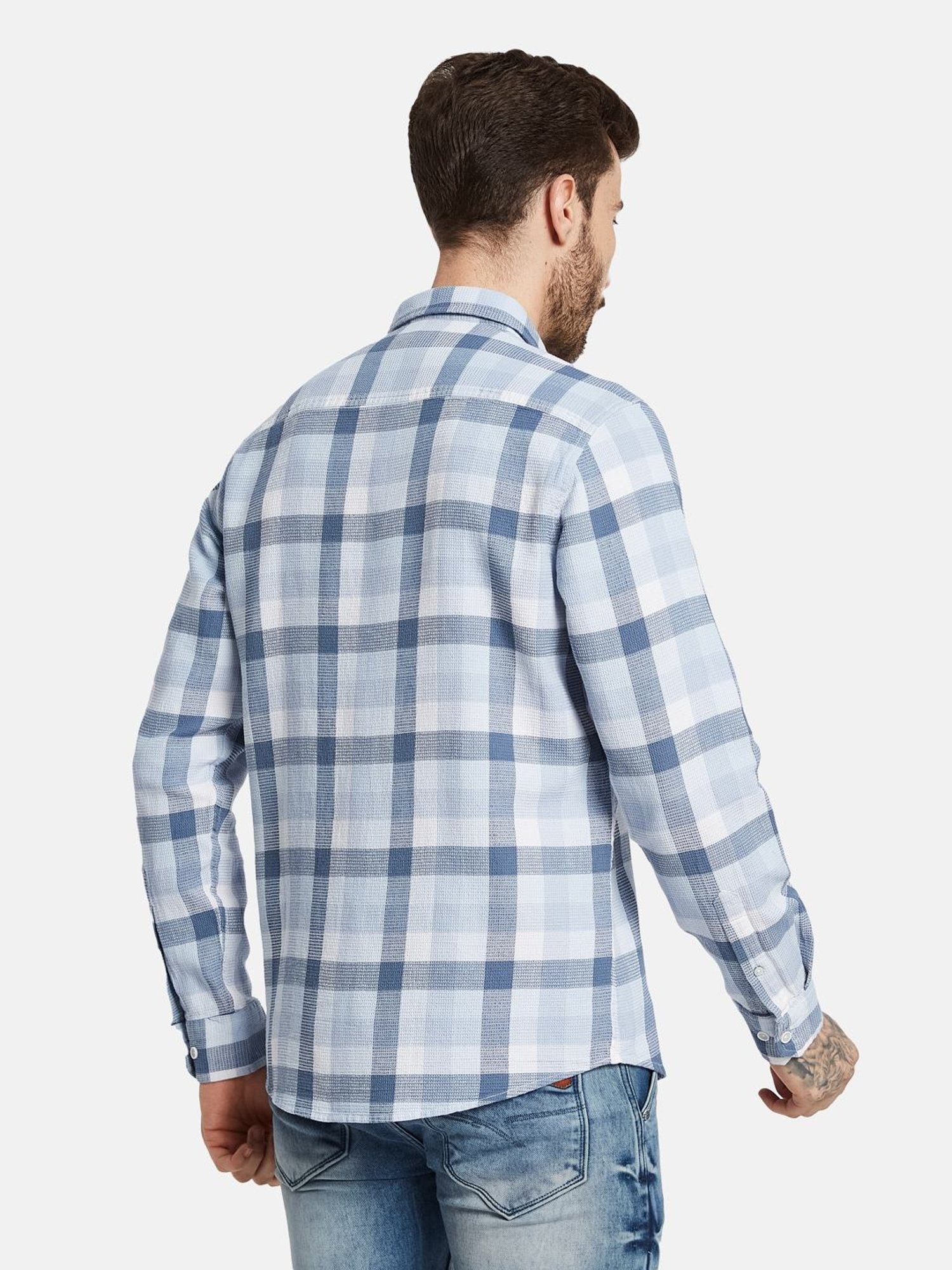 Mettle Blue Cotton Regular Fit Checks Shirt