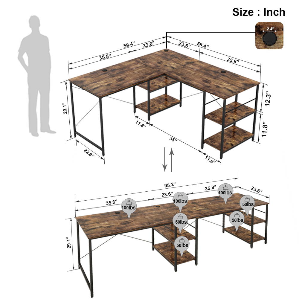 Bestier L Shaped Desk with Shelves 95.2 Inch Reversible Corner Computer Desk or 2 Person Long Table for Home Office Large Gaming Writing Storage Workstation P2 Board with 3 Cable Holes, Grey Oak