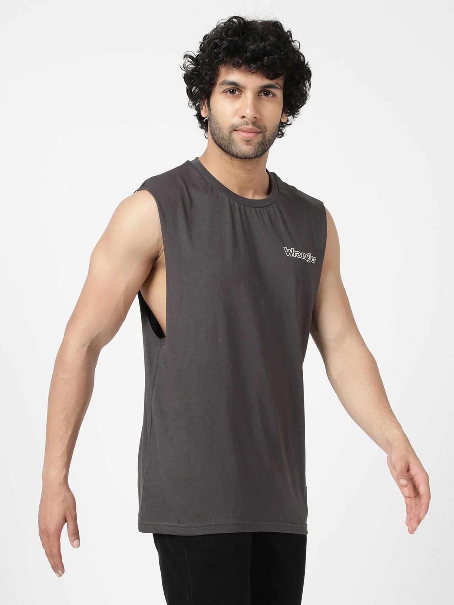 Wrangler Grey Cotton Regular Fit Printed Tank Tee
