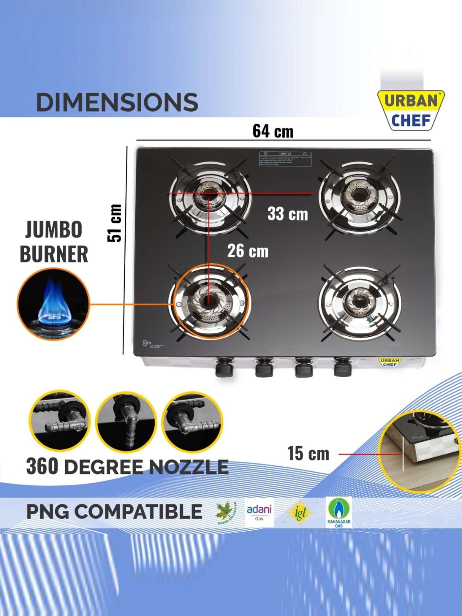 Urban Chef Gas Stove with 4 burners ( Black )