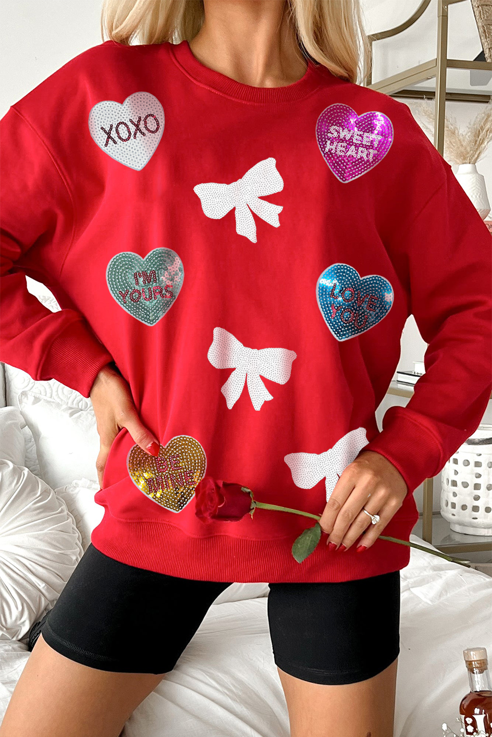 Gray Xmas Candy Cane Sequins Graphic Corded Sweatshirt