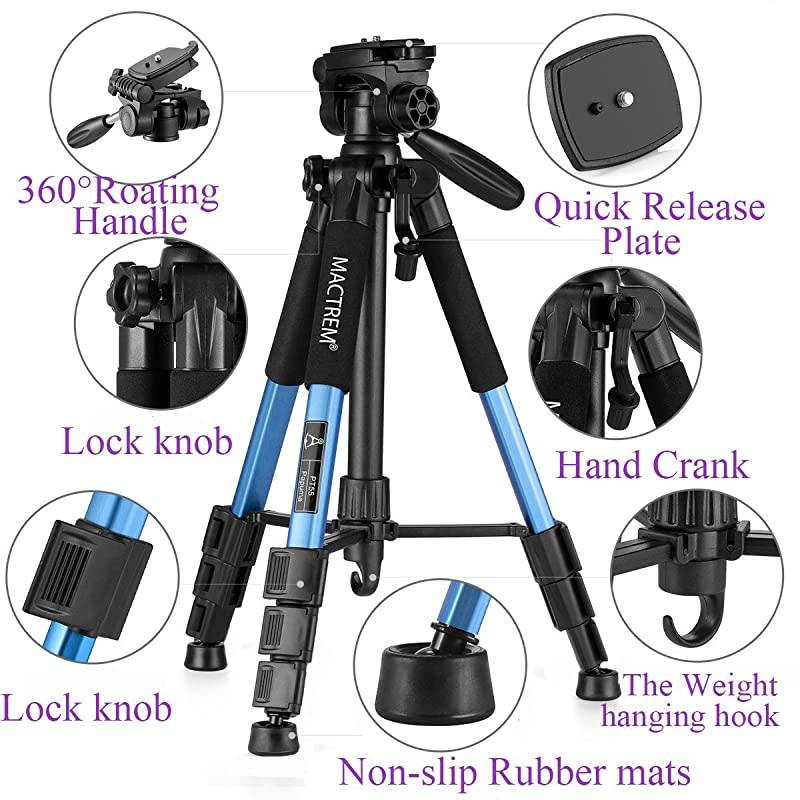 PT55 Travel Camera Tripod Lightweight Aluminum for DSLR SLR Canon Nikon Sony Olympus DV with Carry Bag 11 lbs5kg Load Blue