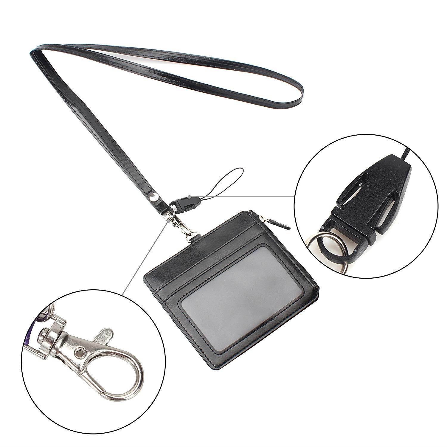 Badge Holder Zipper, Wisdompro 2-Sided PU Leather ID Badge Holder with 1 ID Window, 4 Card Slots, 1 Side Zipper Pocket and 1 piece 20" PU Neck Lanyard/Strap - Black (Horizontal)