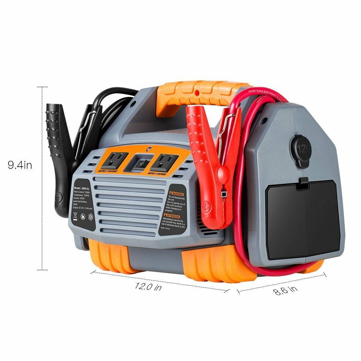 Battery Jump Starter Power Source:1500Peak/750 Instant Amps,300W Inverter