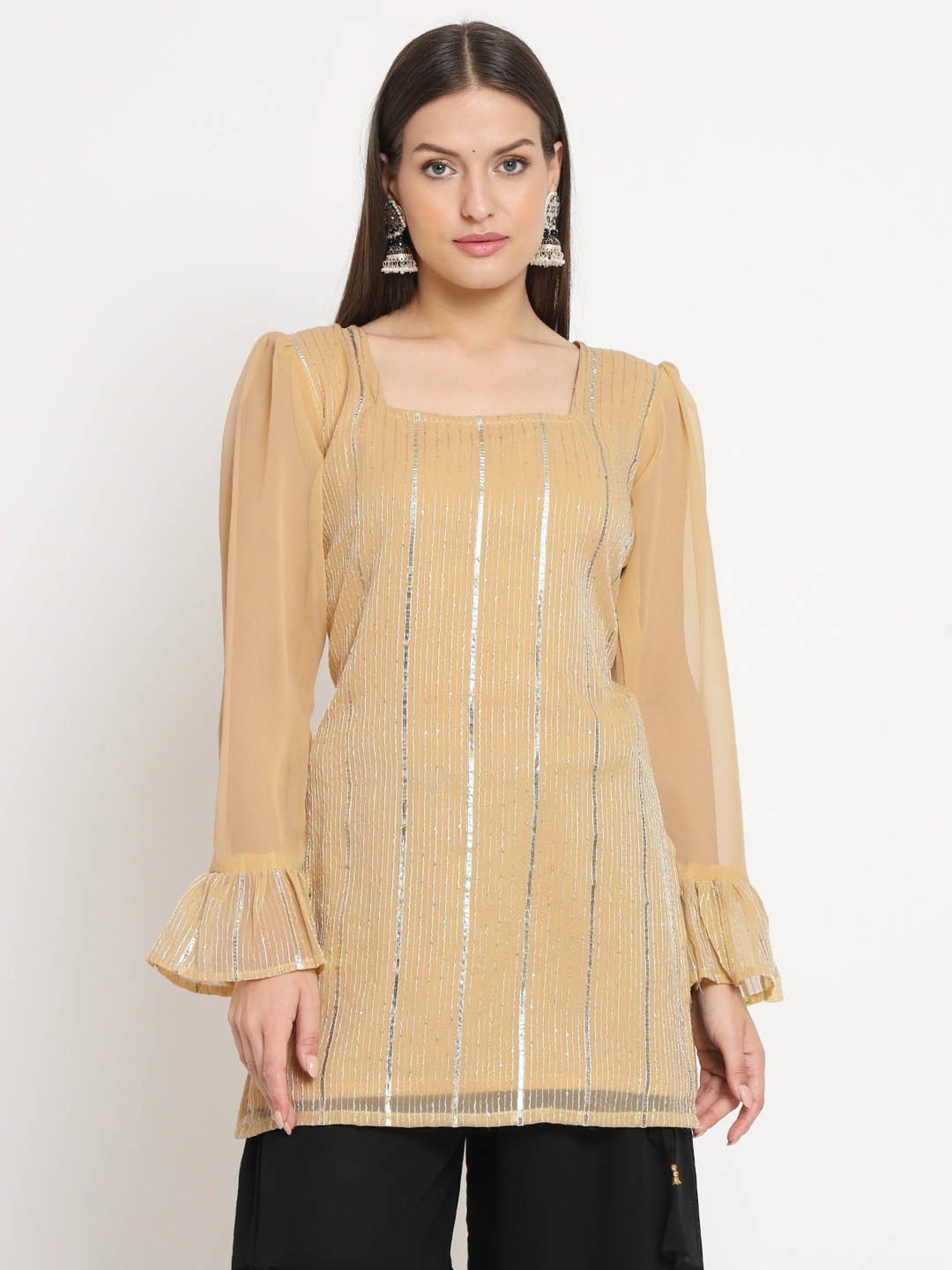 studiorasa Beige Georgette Lace Straight Kurti