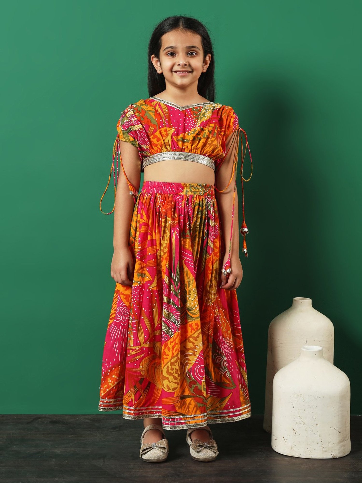 READIPRINT FASHIONS Kids Pink & Yellow Printed Lehenga with Choli