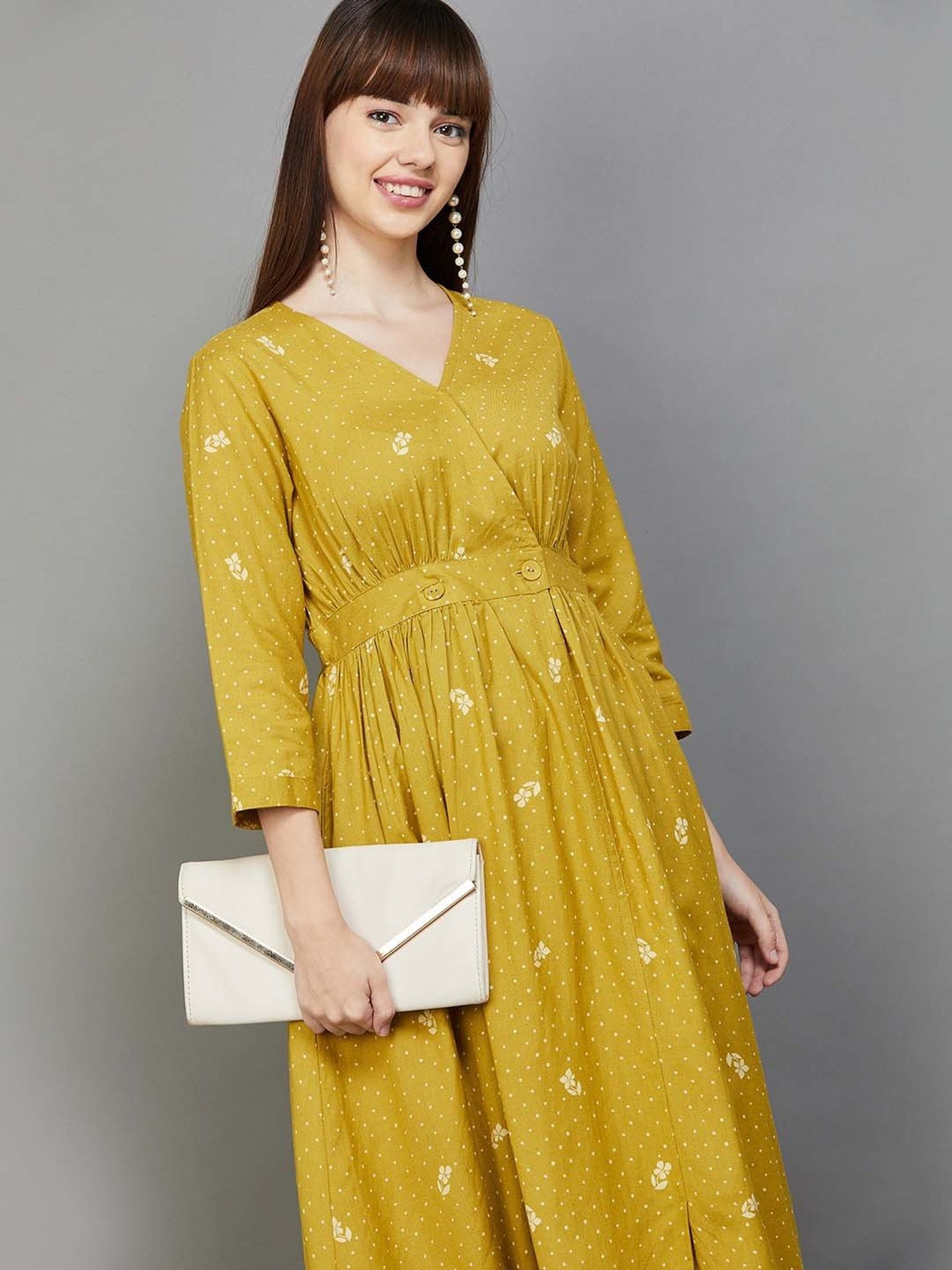 Colour Me by Melange Yellow Printed A-Line Dress