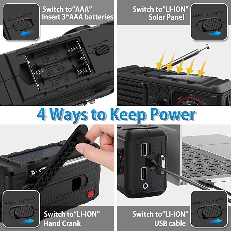 Radio Survival Hand Crank Self Powered AM FM NOAA Weather Station SOS Alarm Radio Kits with LED Flashlights Music 2200mAh Solar Portable Charger for Camping Supplies Disaster Preparedness