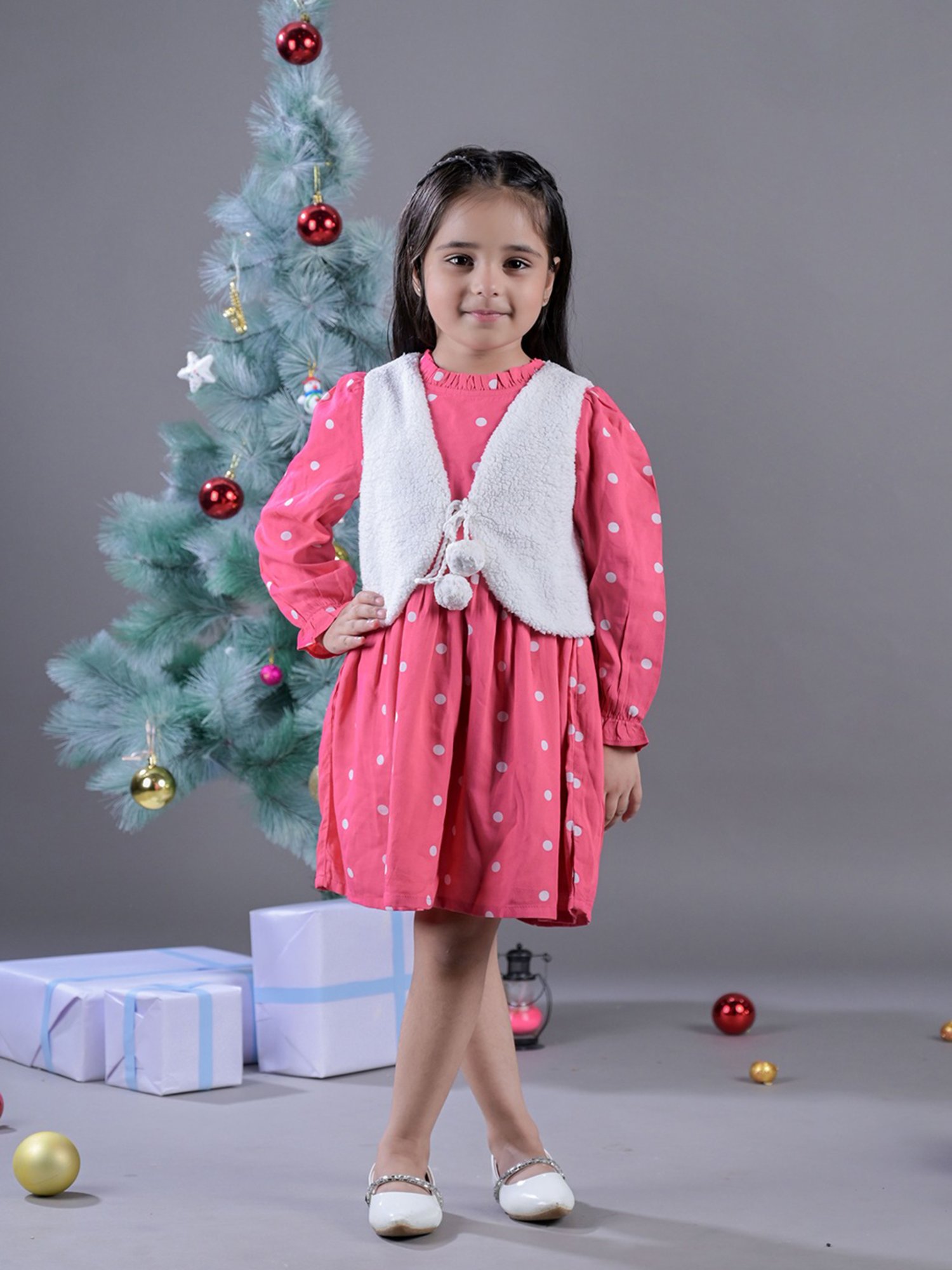 Budding Bees Kids Pink & White Printed Full Sleeves Dress with Jacket