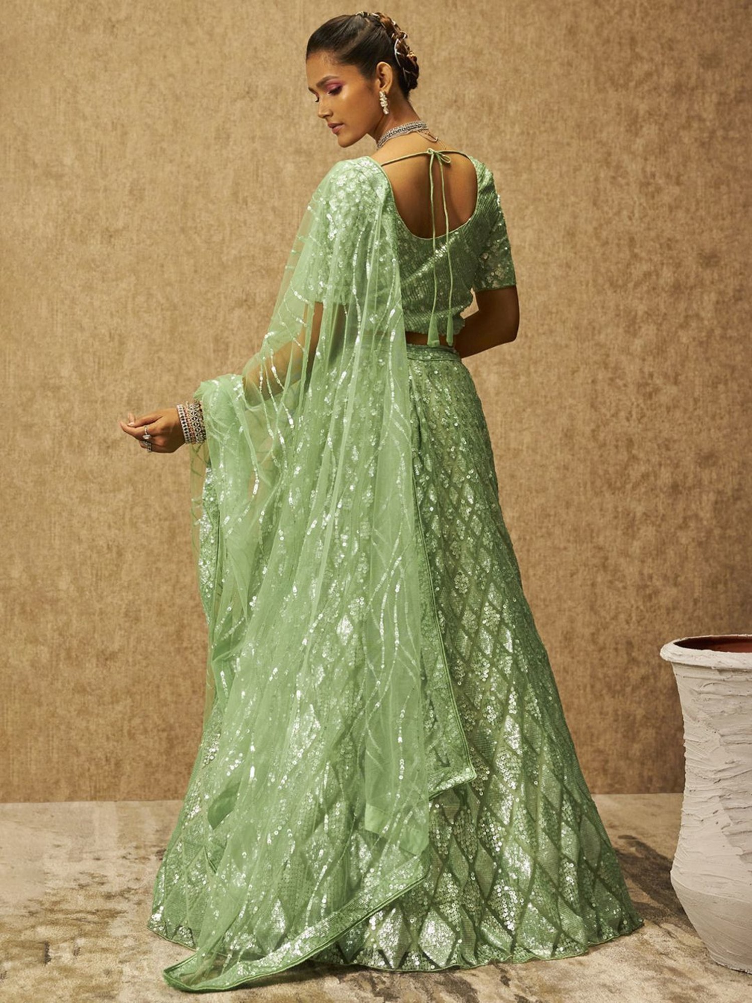 Soch Sap Green Embellished Unstitched Lehenga Choli Set With Dupatta