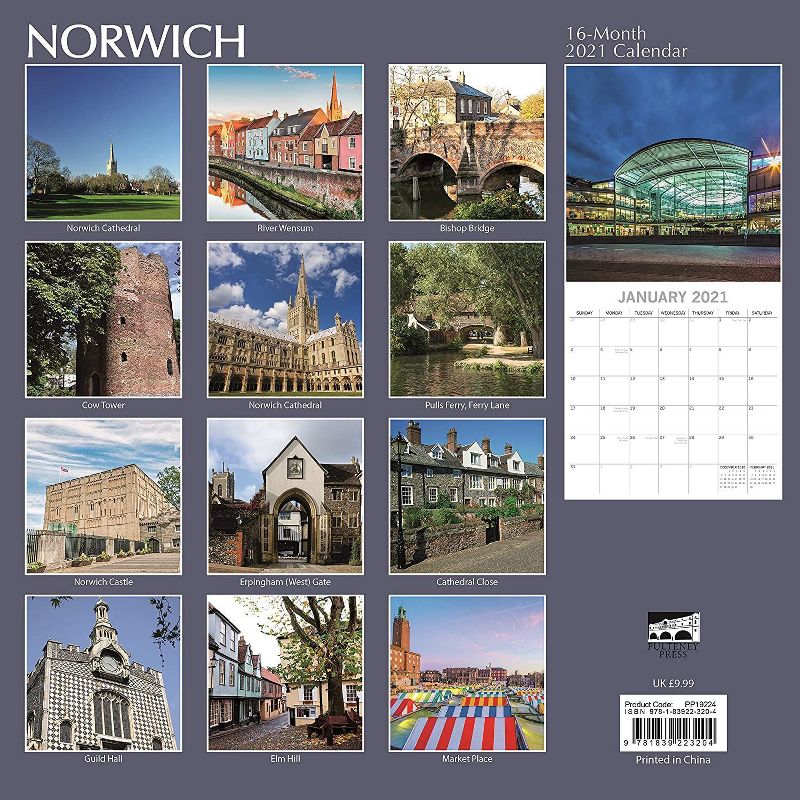 2021 Wall Calendar - Norwich, 12 x 12 Inch Monthly View, 16-Month, Scenic Britain Theme, Includes 180 Reminder Stickers