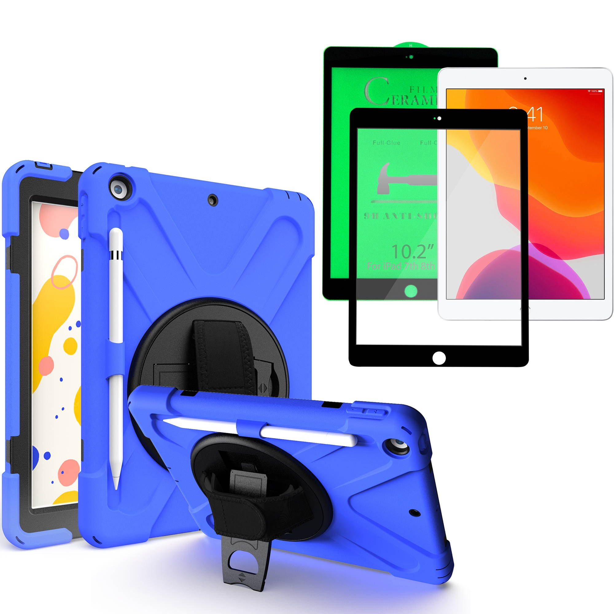 KIQ Shockproof Heavy Duty Shield Case with Impact/Crack/Shatter Resistant Ceramic Screen Protector for Apple iPad 10.2 7th 8th Gen (Dark Blue)