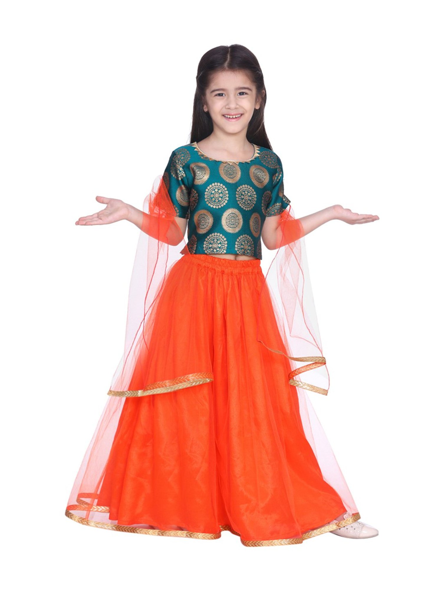 BownBee Kids Green & Orange Zari Work Lehenga Choli With Dupatta