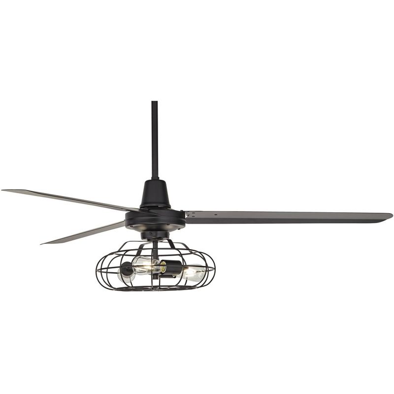 60" Casa Vieja Industrial 3 Blade Outdoor Ceiling Fan with Light Kit LED Remote Matte Black Metal Damp Patio Exterior House Porch