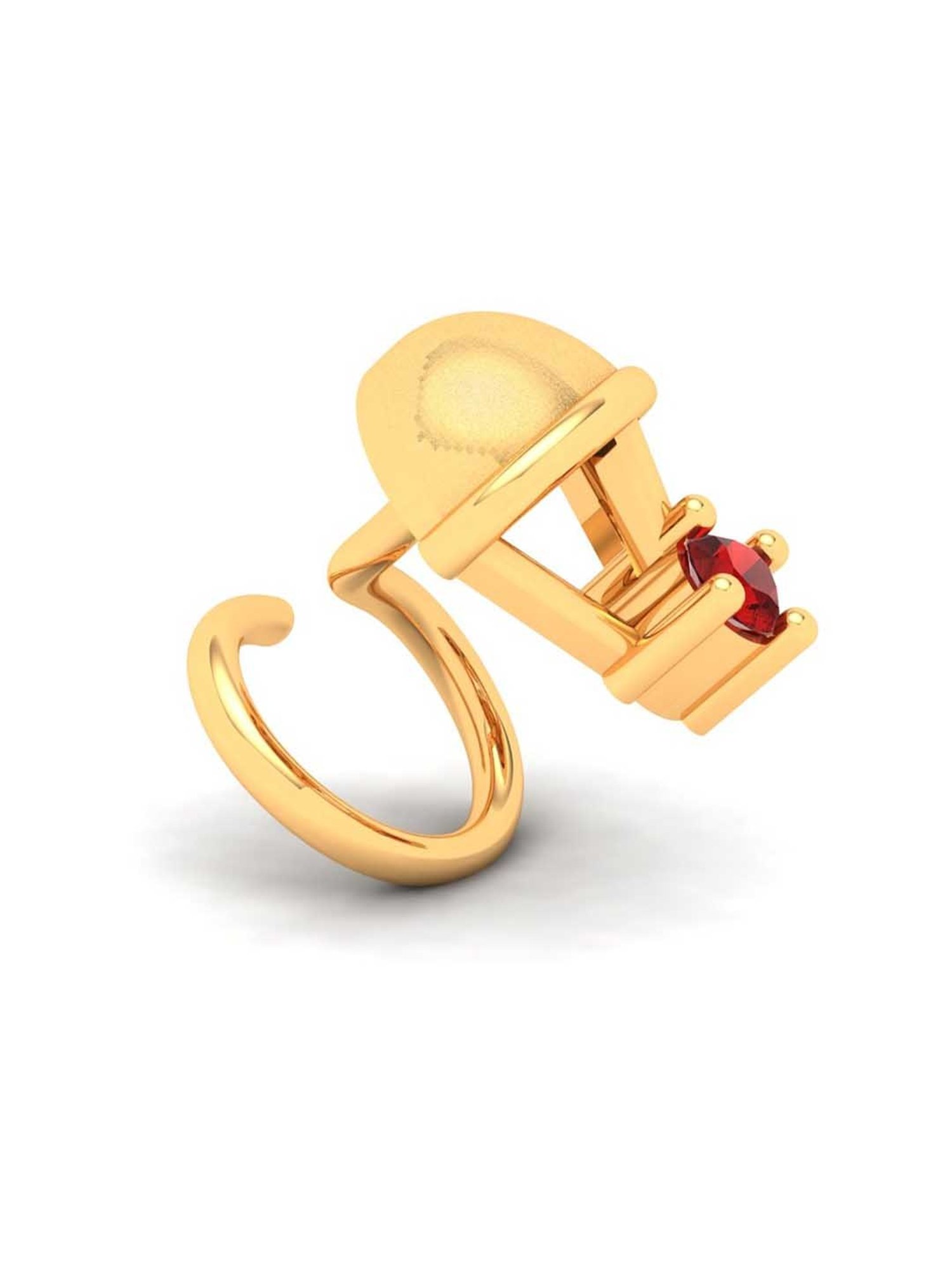 P.C. Chandra Jewellers 14k Gold Parachute Shape Red Stone Nosepin