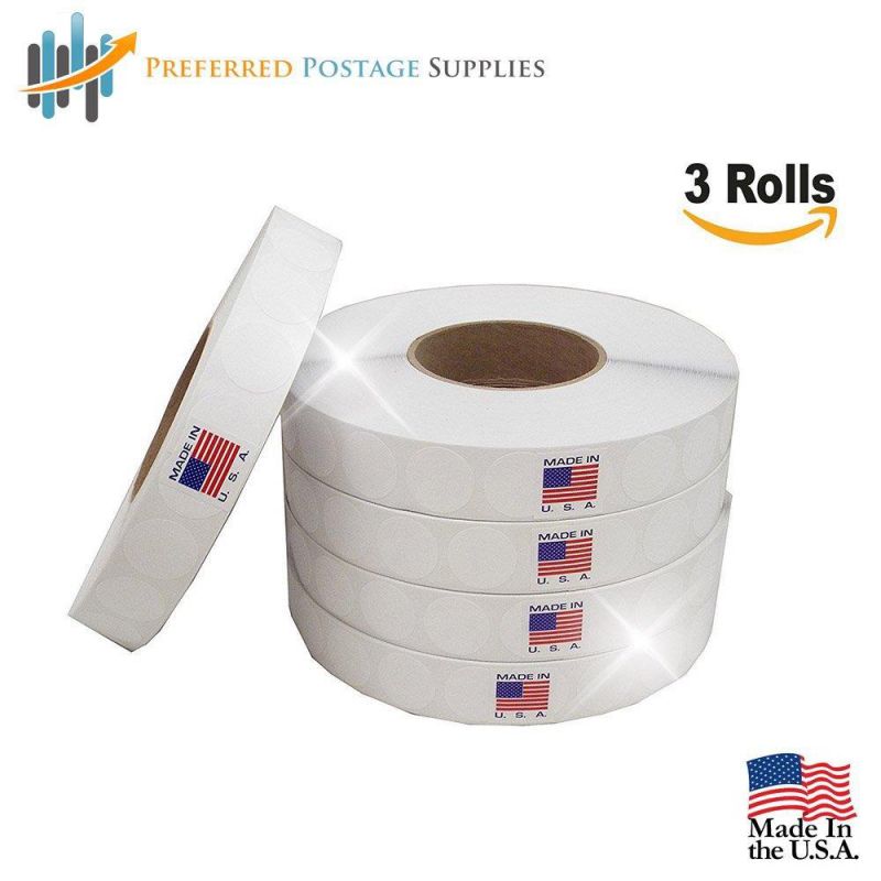 Preferred Postage Supplies White 1" Wafer Seals Envelope Seals 20,000 Tabs Per Roll Save Big USPS Approved For Tabbing (3 Rolls Per Box) Perfect For warehouse and date Coding Most Friction Fed Tabbers