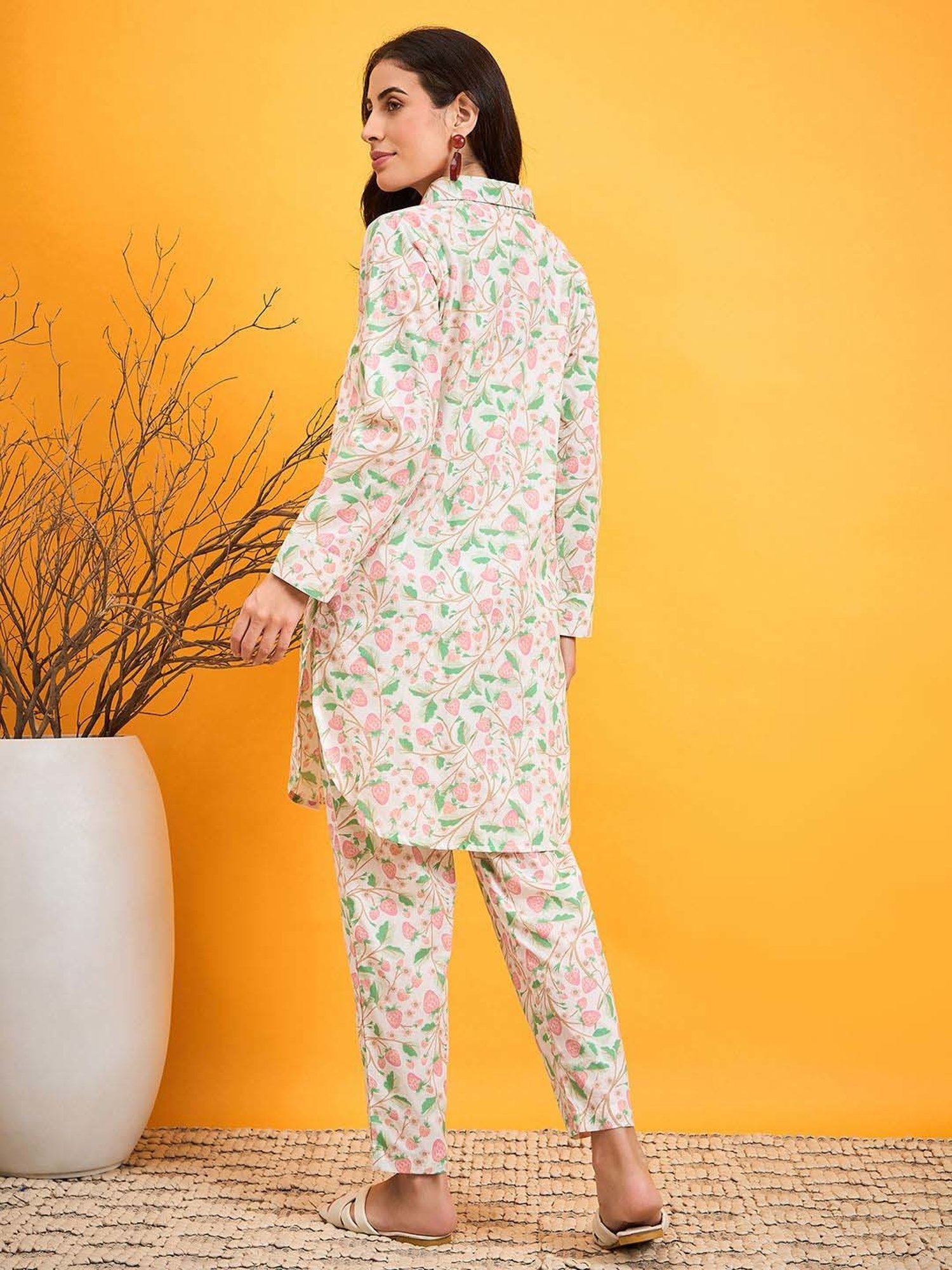 The Kaftan Company Off-White Cotton Printed Tunic Pants Set