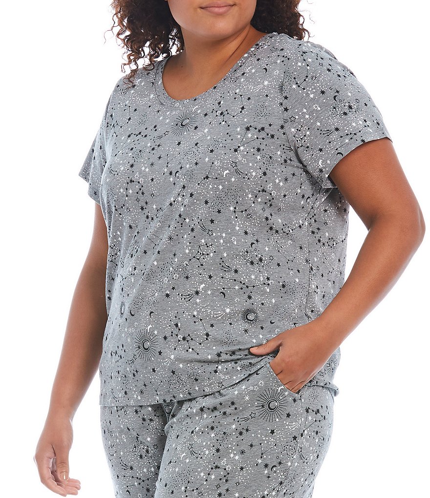 Sleep Sense Plus Cosmic Stars Print Knit Scoop Neck Short Sleeve Coordinating Sleep Tee