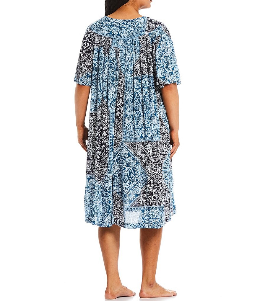 Kate Landry Plus Size Bandana Print Zip Front Crinkled Woven Patio Dress