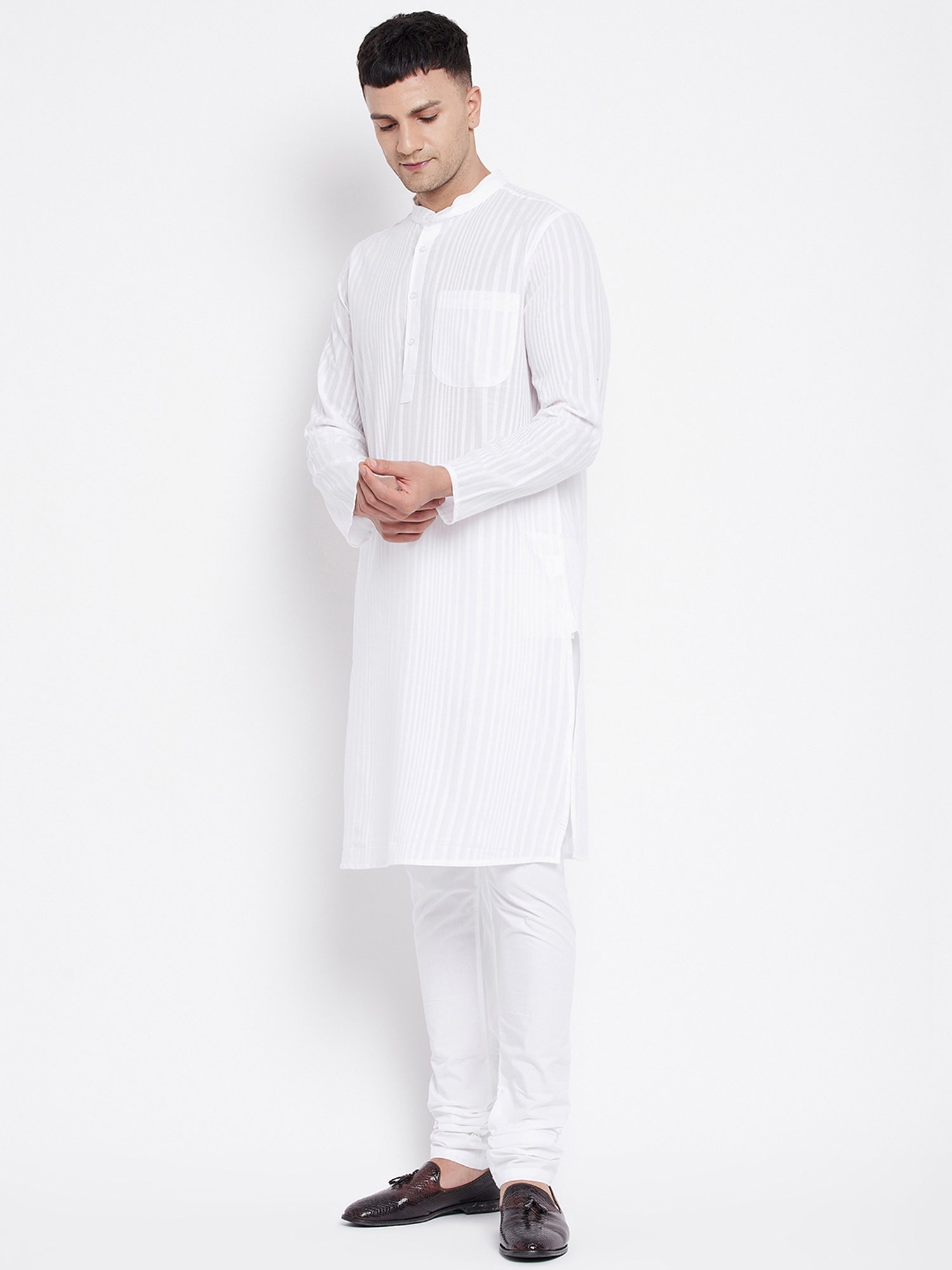 Even White Striped Mandarin Collar Kurta