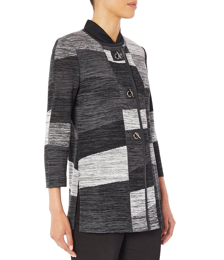 Ming Wang Melange Colorblock Knit Toggle Closure Round Jewel Neck 3/4 Sleeve Jacket